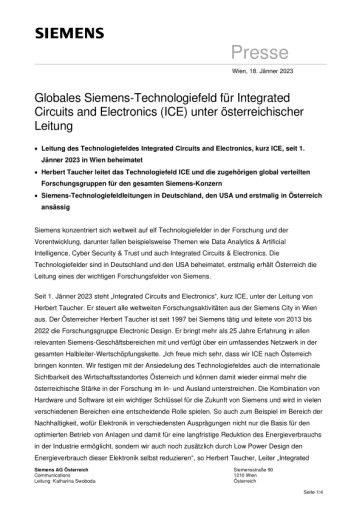 Presseaussendung: Globales Siemens-Technologiefeld für Integrated Circuits and Electronics (ICE) unter österreichischer Leitung