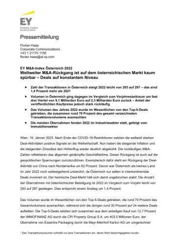 Vorschau Bild von EY Pressemitteilung M&A Index 2022 im Volltext