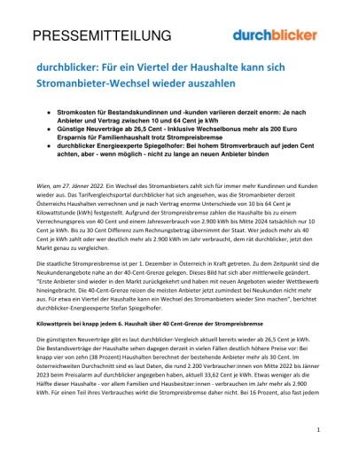 Vorschau Bild von durchblicker: Für ein Viertel der Haushalte kann sich Stromanbieter-Wechsel wieder auszahlen