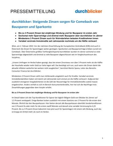 Vorschau Bild von durchblicker: Steigende Zinsen sorgen für Comeback von Bausparen und Sparkonto