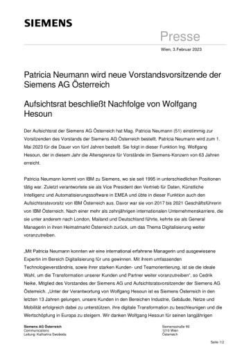 Patricia Neumann wird neue Vorstandsvorsitzende der Siemens AG Österreich