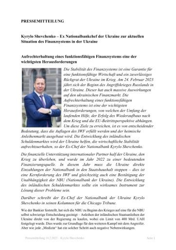 Vorschau Bild von Pressemitteilung: Kyrylo Shevchenko – Ex Nationalbankchef der Ukraine zur aktuellen Situation des Finanzsystems in der Ukraine