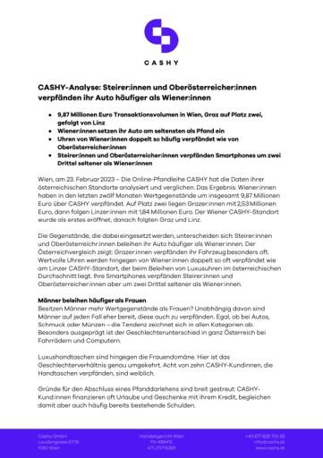 CASHY-Analyse: Steirer:innen und Oberösterreicher:innen verpfänden ihr Auto häufiger als Wiener:innen