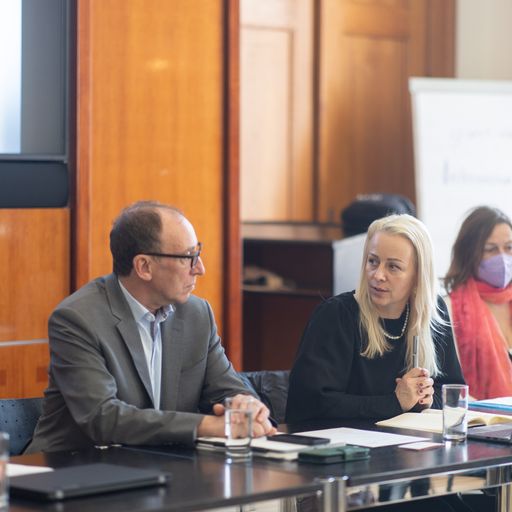 BM Johannes Rauch und Christine Steger (Vorsitzende
des Monitoringausschuss) während einer Sitzung