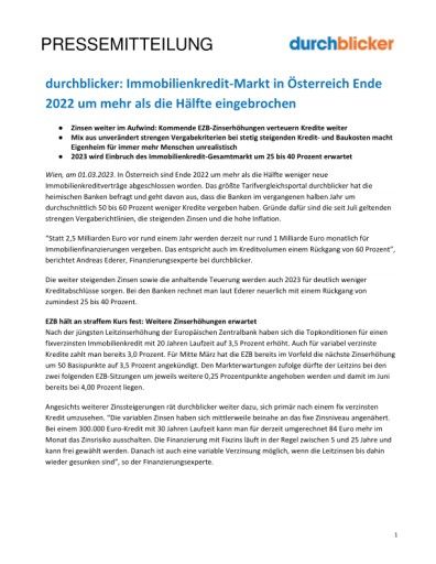 Vorschau Bild von durchblicker: Immobilienkredit-Markt in Österreich Ende 2022 um mehr als die Hälfte eingebrochen
