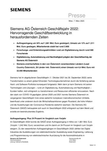 Presseaussendung "Siemens AG Österreich Geschäftsjahr 2022: Hervorragende Geschäftsentwicklung in herausfordernden Zeiten" als PDF