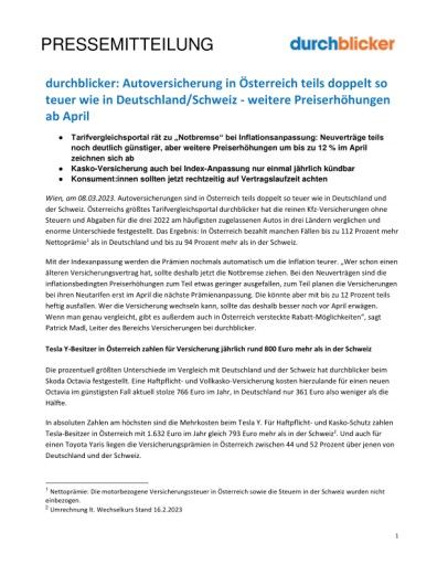 Vorschau Bild von durchblicker: Autoversicherung in Österreich teils doppelt so teuer wie in Deutschland/Schweiz - weitere Preiserhöhungen ab April