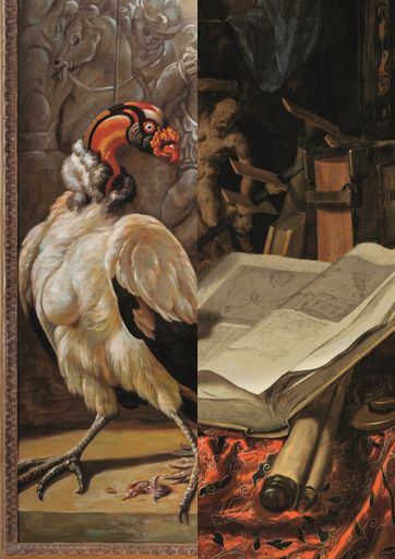 Ausstellungsmotiv unter Verwendung von Werkausschnitten von
Willem de Rooij, Documentation of Jan Weenix’ Südamerikanischer
Königsgeier (1700) from the collection of the Kunsthistorisches
Museum Wien by anonymous photographer, painted by Yaohui Zhu and
team for Yunxi Art Studio, Dafen, 2022 © Willem de Rooij, Foto:
Mathias Völzke; Jan van der Heyden, Stillleben mit Globus, Büchern
und chinesischem Seidenstoff, um 1669 © Gemäldegalerie der Akademie
der bildenden Künste Wien