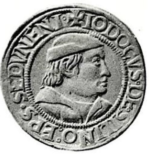 Fürstbischof Jost von Silenen auf einem
zeitgenössischem Münzporträt, : Dicken, Testone, Jost von Silenen,
+IODOCVS·DE·SILINO:EPiscopuS·SEDVNENsIs
