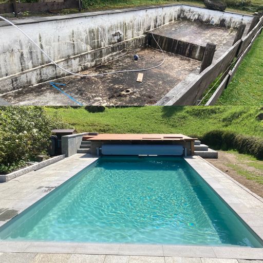 Gartenpool in Bayern: 10 x 4m Bild oben: vor der Sanierung Bild
unten: nach der Sanierung durch das Team der Desjoyaux Pools
Freising GmbH mit einer Beckenauskleidung (Liner) in Hellgrau, einer
innenliegender Treppe auf gesamter Breite, Desjoyaux Randsteinen in
Grau sowie einer Oberflur-Rollladenabdeckung. / Die Verwendung
dieses Bildes für redaktionelle Zwecke ist unter Beachtung aller
mitgeteilten Nutzungsbedingungen zulässig und dann auch honorarfrei.
Veröffentlichung ausschließlich mit Bildrechte-Hinweis.