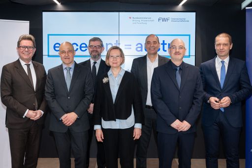 Am Bild von links nach rechts: Wissenschaftsminister Martin
Polaschek, Gregor Weihs (Universität Innsbruck), Tim Crane (Central
European University), Claudia Rapp (Österreichische Akademie der
Wissenschaften), Michael Wagner (Universität Wien), Günther
Rupprechter (Technische Universität Wien), Christof Gattringer
(FWF-Präsident)