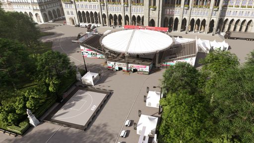 Diese Animation zeigt das 3x3-Stadtion für bis zu
3.000 Besucher, das am Wiener Rathausplatz gebaut wird.