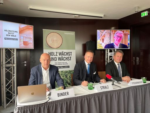 vlnr: Georg Binder (Geschäftsführer proHolz Austria), Richard
Stralz (Obmann proHolz Austria), Franz Titschenbacher (Vizepräsident
Landwirtschaftskammer Österreich), zugeschalten: Herbert Jöbstl
(Obmann Fachverband der Holzindustrie Österreichs)