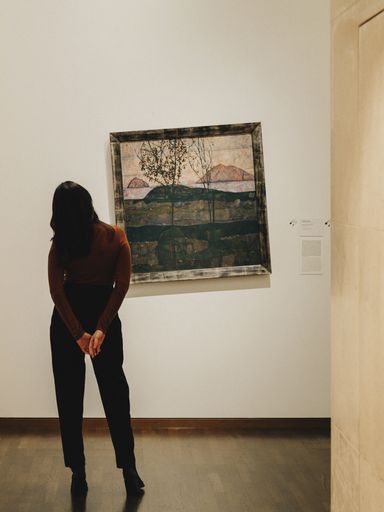 Vorschau Bild von Ausstellungsansicht „A Few Degrees More“.
Kuratierte Intervention im Rahmen der Ausstellung „Wien 1900.
Aufbruch in die Moderne“ im Leopold Museum; Besucherin vor dem
Gemälde Egon Schiele, Versinkende Sonne, 1913