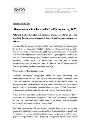 Vorschau Bild von „Gemeinsam schneller zum Ziel“ – Weltwassertag 2023, Presseaussendung