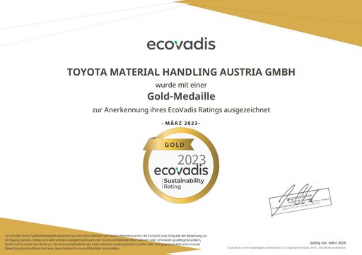 Vorschau Bild von Toyota Material Handling Austria wurde in der
diesjährigen EcoVadis-Bewertungsrunde mit Gold ausgezeichnet und
zählt damit zu den besten fünf Prozent der mehr als 90.000
bewerteten Lieferanten.