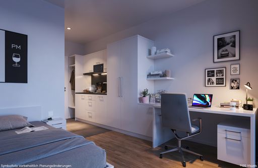 Vorschau Bild von Die Studio-Apartments bieten alles, was man für ein
modernes Studentenleben braucht: eine bequeme Fußbodenheizung, eine
Küchenzeile, einen Balkon und eine Infrastruktur, die auf einen
effektiven Lernerfolg ausgerichtet ist. Dafür stehen
Besprechungszimmer und Lernräume in unterschiedlichen Größen zur
Verfügung. Gemeinschaftsräume und ein Fitnessbereich sorgen für
Abwechslung. Und auch sonst ist an alles gedacht: vom gesicherten
und verschließbaren Fahrradraum im Haus über zwei E-Ladestationen
für Autos bis hin zum Wasch- und Trockenraum.