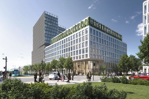 Das Holz-Hybrid-Bürogebäude Timber Pioneer in
Frankfurt vermietet an Universal Investment