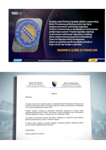 Vorschau Bild von Zwei klare Beantwortungen des bosnischen Fremdenamts an die Medien N1 und USK TV: „Das Projekt der Realisierung der Einheiten zum Festhalten von Migranten wird über den Implementationspartner ICMPD realisiert. Das Objekt ist weder in Funktion, noch im Kompetenzbereich des Fremdenamts. (…) Zu allen Fragen, die das Bauprojekt betreffen, wenden sie sich an den Implementationspartner ICMPD“.