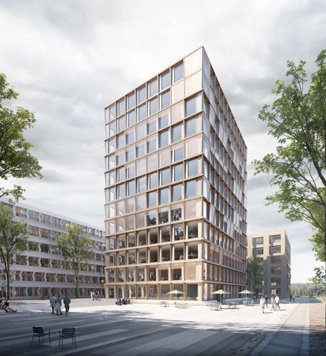 Vorschau Bild von Der Timber Peak wird das erst Holz-Hybrid-Hochhaus
in Mainz. Das Projekt wird über 9.500m² BGF ausweisen.