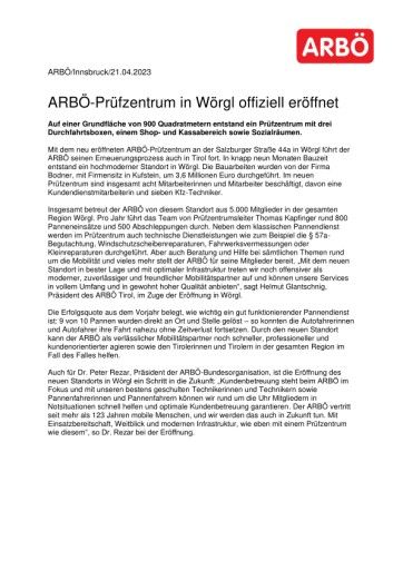 Vorschau Bild von Factsheet zum neuen ARBÖ-Prüfzentrum in Wörgl