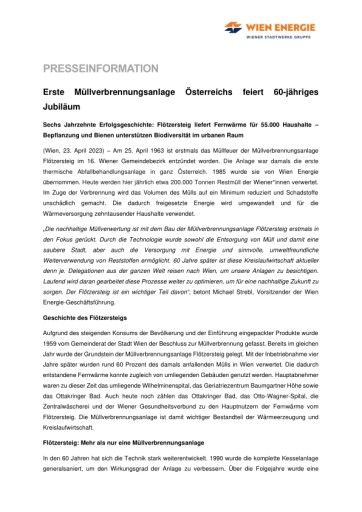 Vorschau Bild von Presseaussendung 60 Jahre MVA Flötzersteig