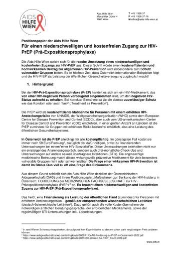 Vorschau Bild von Positionspapier "kostenfreie PrEP" der Aids Hilfe Wien