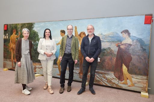 MdbK, Museum der bildenden Künste Leipzig, Besuch
von Andrea Mayer (Staatssekretärin für Kunst und Kultur /
Österreich) und Stella Rollig (Generaldirektorin und
wissenschaftliche Geschäftsführerin Belvedere Wien), Stefan
Weppelmann (Direktor MdbK), Rüdiger Beck (Leiter Restaurierung MdbK),
Werk von Max Klinger "Urteil des Paris"