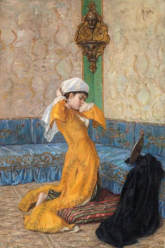  Osman Hamdi Bey (Istanbul 1842 - 1910) Ein Blick in den Spiegel,
Öl auf Leinwand auf Holz, 68 x 45 cm, versteigert für € 1.275.000
