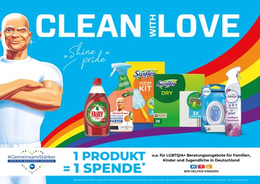  Die P&amp;G Reinigungsmarken Fairy, Febreze, Meister Proper und
Swiffer starten die gemeinsame Spendenaktion #CleanWithLove und
unterstützen u. a. LGBTQIA+ Beratungsangebote für Jugendliche. / Die
Verwendung dieses Bildes für redaktionelle Zwecke ist unter
Beachtung aller mitgeteilten Nutzungsbedingungen zulässig und dann
auch honorarfrei. Veröffentlichung ausschließlich mit
Bildrechte-Hinweis.