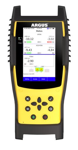 Vorschau Bild von The ARGUS® F240 fiber tester from intec reliably tests on GPON
and XGS-PON. The selective 5-fold power meter can be switched into
an existing PON connection in through mode, allowing the optical
levels on the different downstream (OLT) and upstream (ONT)
wavelengths for GPON, XGS-PON and a video overlay to be precisely
determined simultaneously via five separate filters. / Die
Verwendung dieses Bildes für redaktionelle Zwecke ist unter
Beachtung aller mitgeteilten Nutzungsbedingungen zulässig und dann
auch honorarfrei. Veröffentlichung ausschließlich mit
Bildrechte-Hinweis.