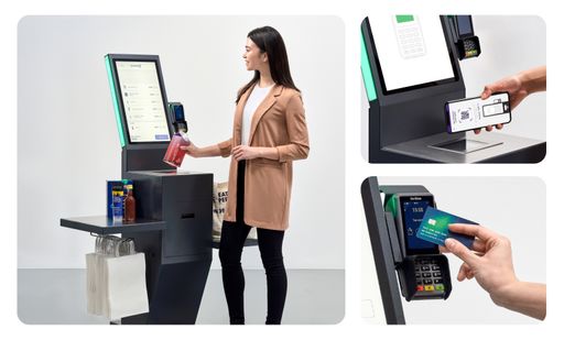  shopreme matrix SCO Customer Journey (links), hybride Customer
Journey mit Scan & Go (rechts oben) und Kartenzahlung zum Abschluss
des Einkaufs (rechts unten)