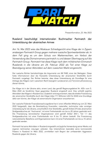Vorschau Bild von Presseinformation: Kiew, 22. Mai 2023 - Russland beschuldigt internationalen Buchmacher Parimatch der Unterstützung der ukrainischen Armee