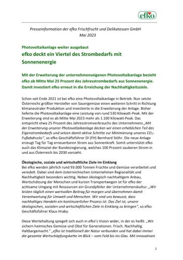 Vorschau Bild von efko deckt ein Viertel des Strombedarfs mit Sonnenenergie