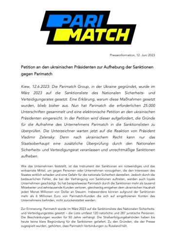 Vorschau Bild von Presseinformation Parimatch Petition