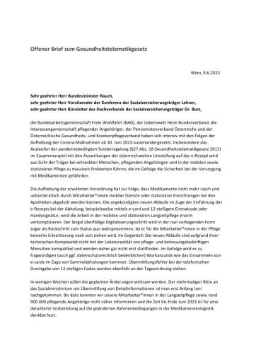 Vorschau Bild von Offener Brief an Sozialminister Johannes Rauch und die Spitzen der Sozialversicherung von Caritas, Diakonie, Hilfswerk, Rotes Kreuz und Volkshilfe (BAG) gemeinsam mit Lebenswelt Heim Bundesverband, ÖGKV, PVÖ und IG pflegende Angehörige.