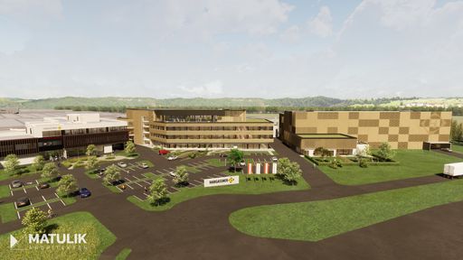 Vorschau Bild von Die Hargassner Energy World (links) und das neue Service Center
und ganz links das neue Parkhaus.