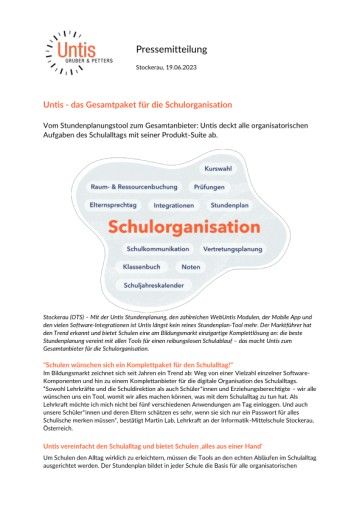 Vorschau Bild von Pressetext "Untis als Gesamtanbieter für Schulorganisation"