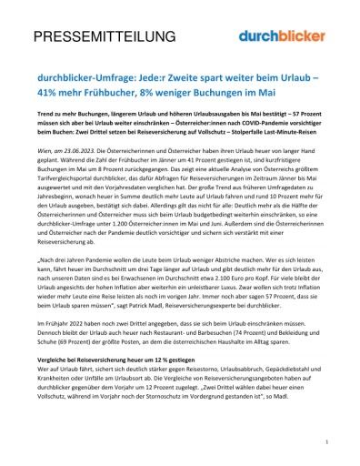 Vorschau Bild von durchblicker-Umfrage: Jede:r Zweite spart weiter beim Urlaub – 41% mehr Frühbucher, 8% weniger Buchungen im Mai