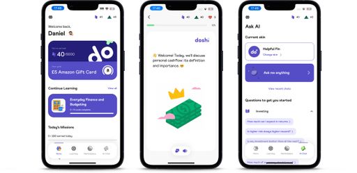  Vorschau der Doshi App - Homescreen, Lerninhalte,
AI-Chat