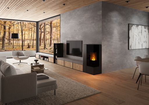  CONNECT PELLET EDGE von RIKA mit seiner großzügigen
Eckeinsicht ist Heizmöbel mehr denn je. Seine Anbauteile sind
flexibel platzier- und erweiterbar und lassen sich individuell
gestalten. Er lässt sich online und per Sprache steuern.