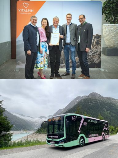 Vorschau Bild von Gruppenfoto: Klaus Dengg und Theresa Haid
(Vitalpin), Andreas Kröll (Christophorus), Andreas Dengg
(Zillertaler Gletscherbahnen) und Hermann Erler (TVB Tux-Finkenberg)
