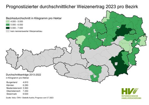 Karte – Prognostizierter durchschnittlicher
Weizenertrag 2023 pro Bezirk