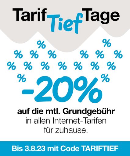 Tariftief-Tage bei Drei: 20% Ermäßigung auf die
monatliche Grundgebühr und kein Aktivierungsentgelt. Mehr auf
www.drei.at/tariftief