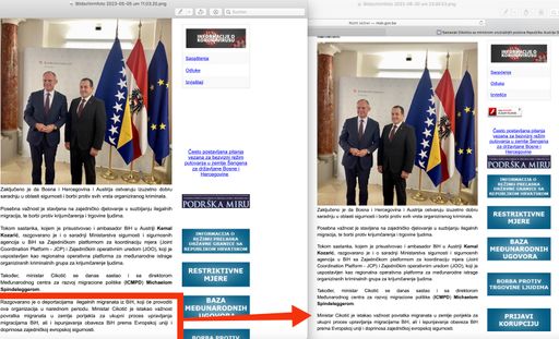Erwischt beim Löschen von Beweisen vor
Prozessbeginn: Das bosnische Sicherheitsministerium, Partner von
ICMPD und BMI, entfernte den Satz über die Pläne, dass das ÖVP-nahe
Institut Abschiebungen aus Bosnien durchführen wird.