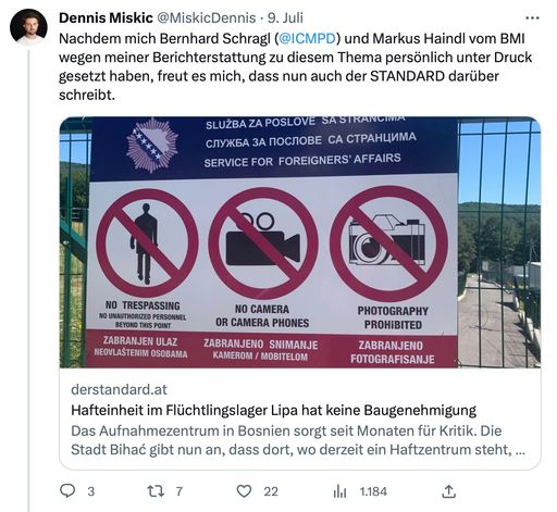 Vorschau Bild von "Nachdem mich Bernhard Schragl (ICMPD) und Markus
Haindl vom BMI wegen meiner Berichterstattung zu diesem Thema
persönlich unter Druck gesetzt haben, freut es mich, dass nun auch
der STANDARD darüber schreibt", schreibt Ex-KURIER-Journalist Miskic
auf Twitter