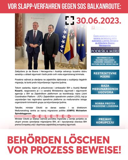 Vorschau Bild von Screenshot vom 30.6.23 auf der Webseite des
bosnischen Sicherheitsministeriums. Der Satz über die geplanten
Abschiebungen von der ÖVP-nahen Organisation ICMPD wurde
rausgenommen.