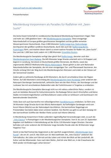 Vorschau Bild von PDF-Dokument zur Presseaussendung Mecklenburg-Vorpommern als Paradies für Radfahrer mit "Seen-Sucht" mit allen Links
