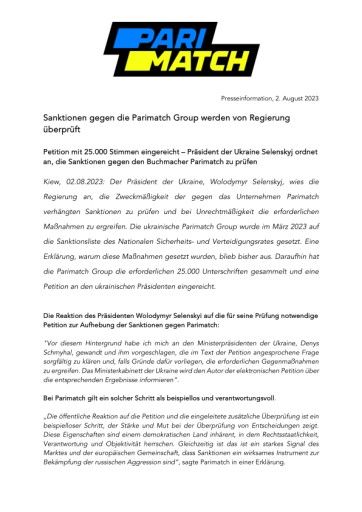 Presseinformation Parimatch Group, Sanktionen gegen die Parimatch Group werden von Regierung überprüft, 02082023;