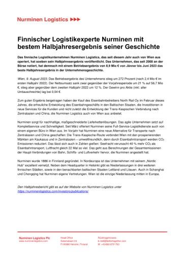  Finnischer Logistikexperte Nurminen mit bestem Halbjahresergebnis seiner Geschichte